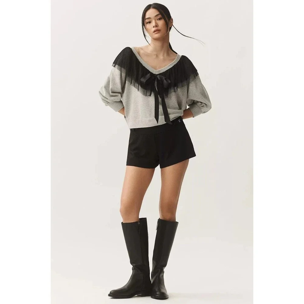 Anthropologie Maeve V-Neck Bow Sweater Pullover Top Tulle Mesh Ruffle XL 289709